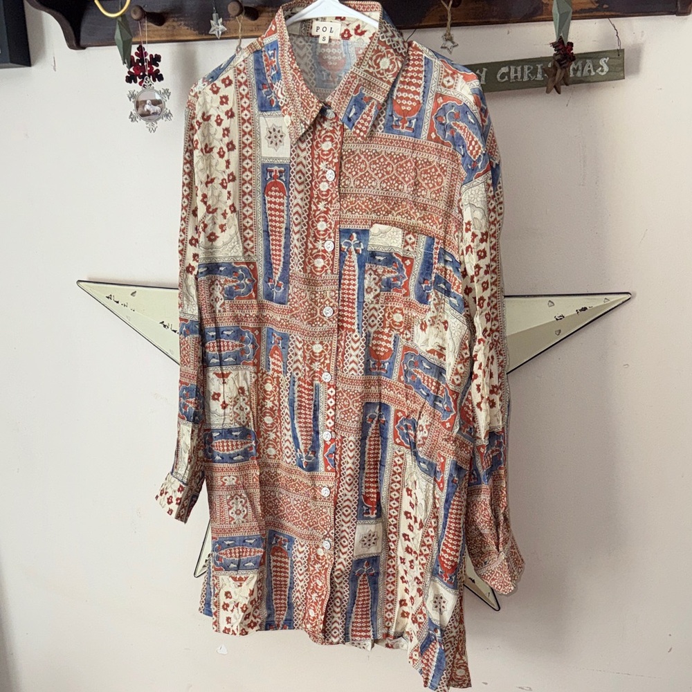 POL Women's Red and Blue Patterned Button Down Shirt dress